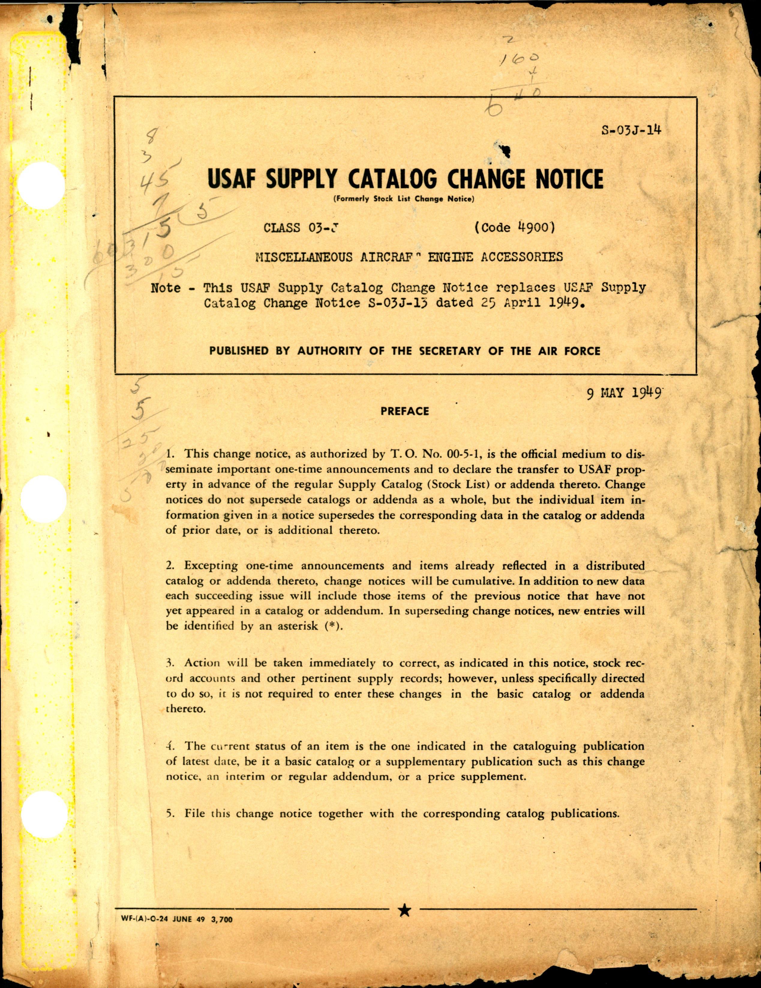 Sample page 1 from AirCorps Library document: USAF Supply Catalog Change Notice - Misc. Aircraft Engine Accessories