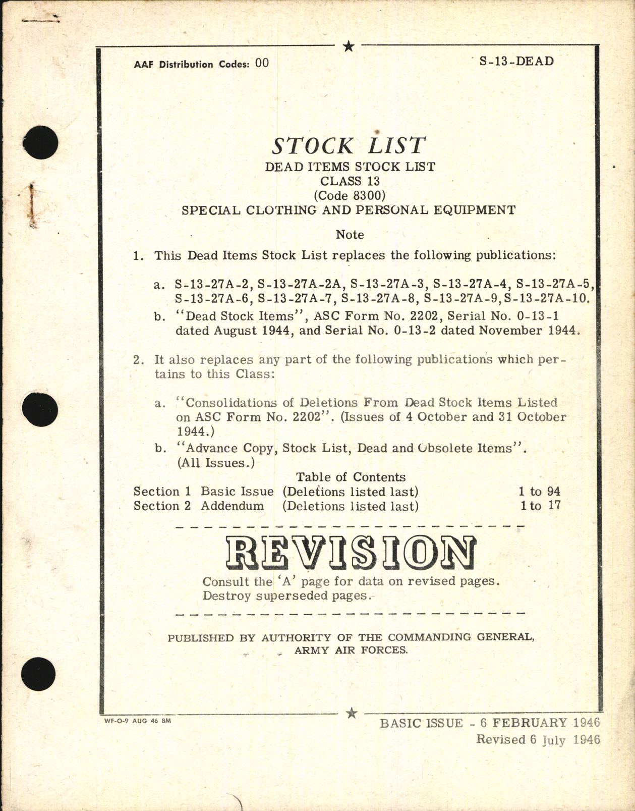 Sample page 1 from AirCorps Library document: Dead Items Stock List for Special Clothing and Personal Equipment