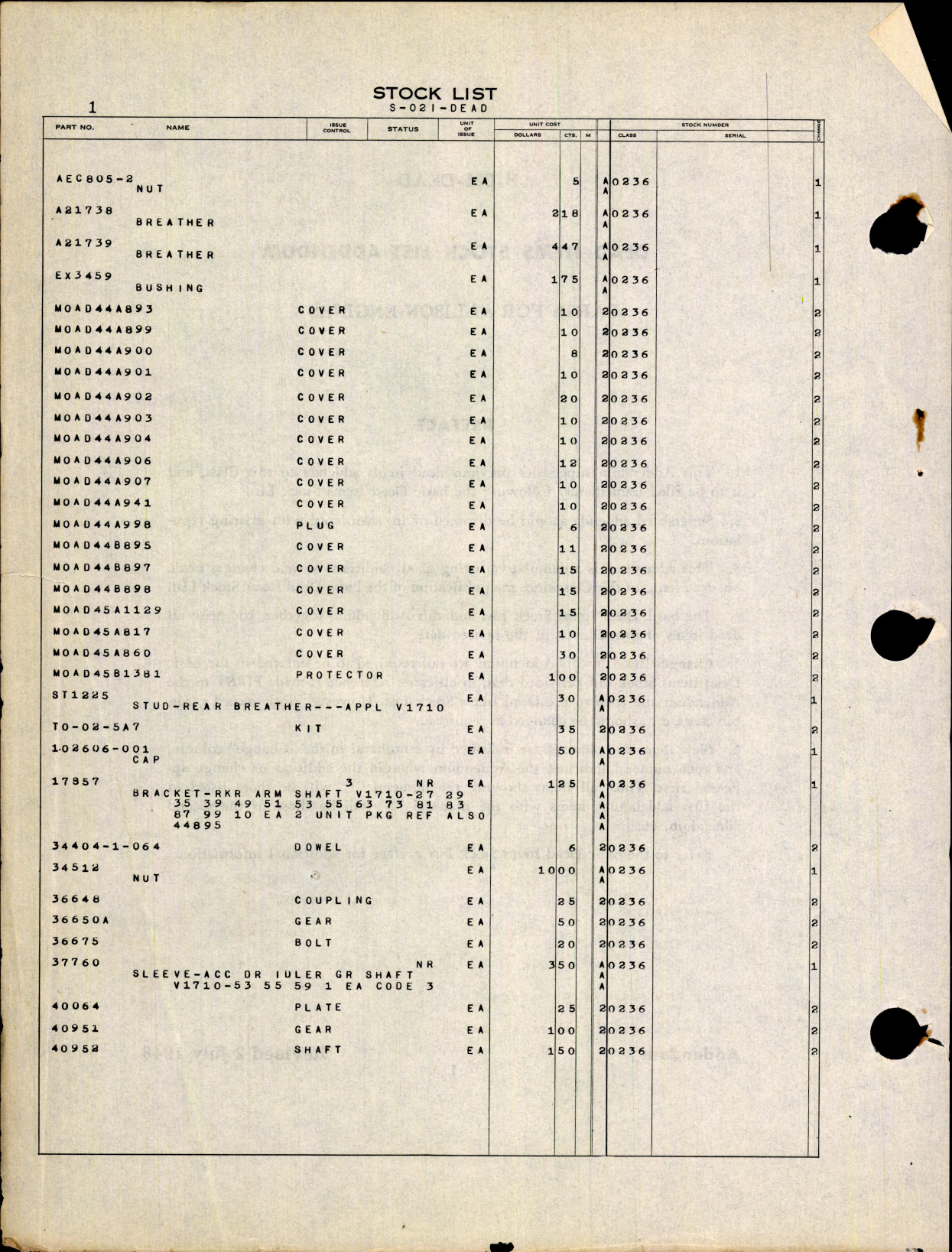 Sample page 4 from AirCorps Library document: Dead Items Stock List Parts For Allison Engines