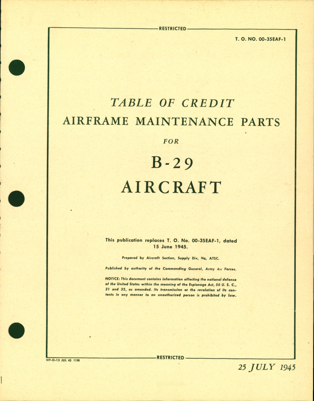 Sample page 1 from AirCorps Library document: Table of Credit - Airplane Maintenance Parts - for B-29 Aircraft