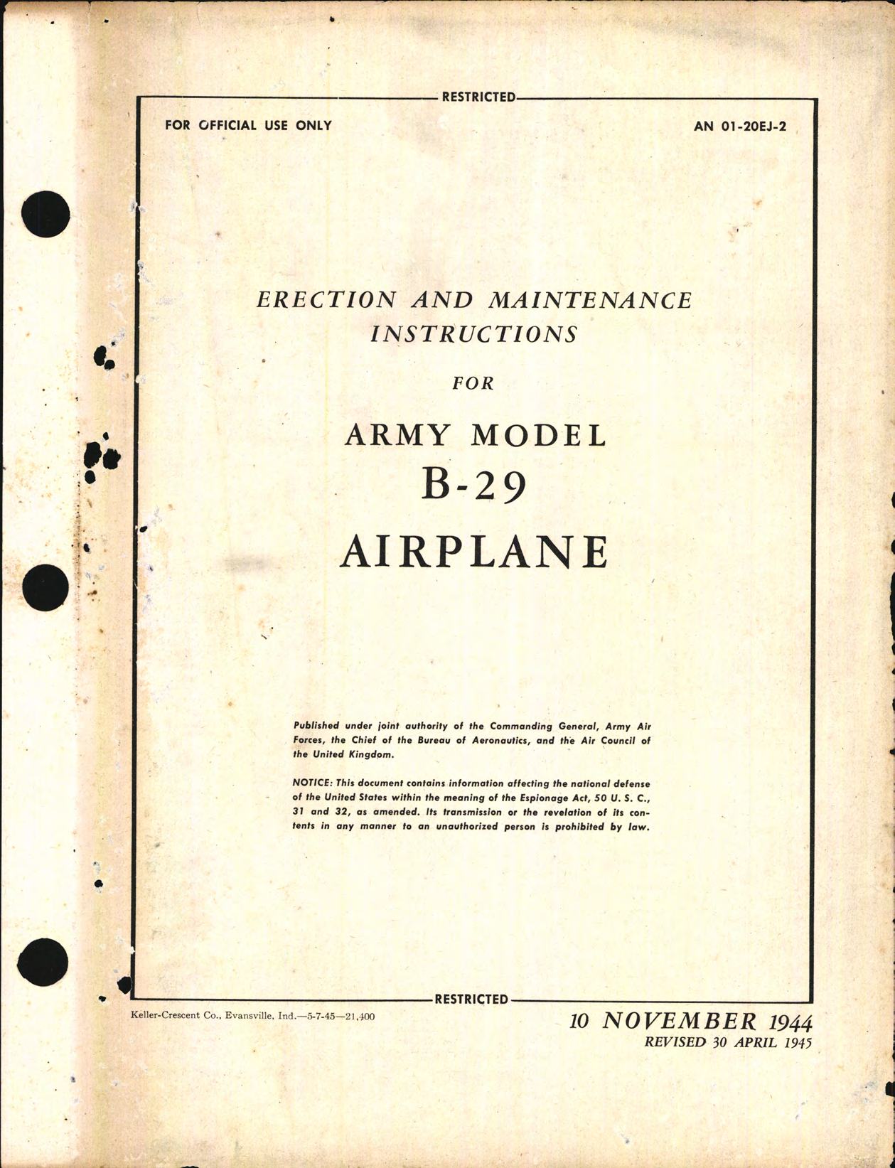 Sample page 1 from AirCorps Library document: Erection and Maintenance Instructions for Army Model B-29 Airplane