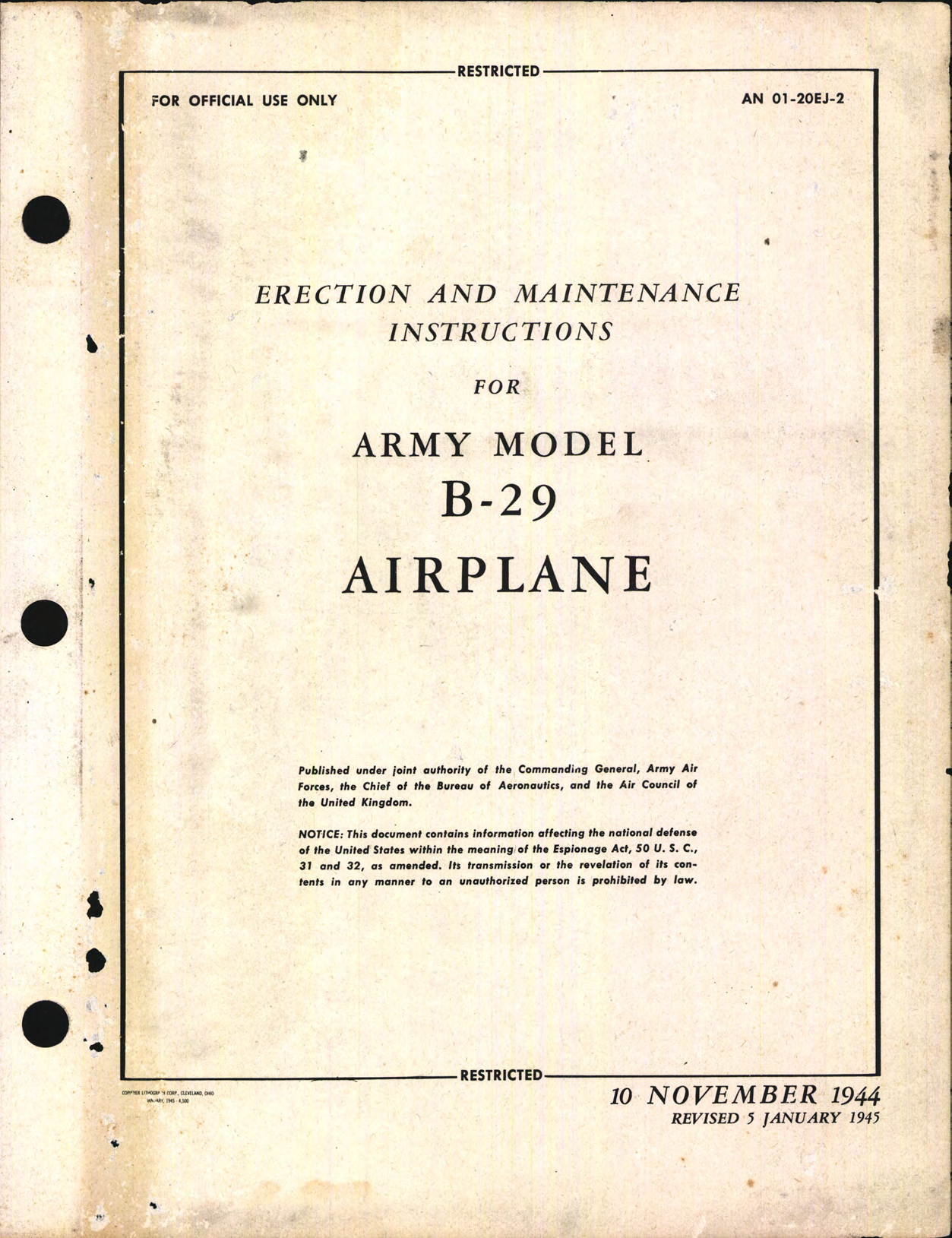 Sample page 1 from AirCorps Library document: Erection and Maintenance Instructions for Army Model B-29 Airplane