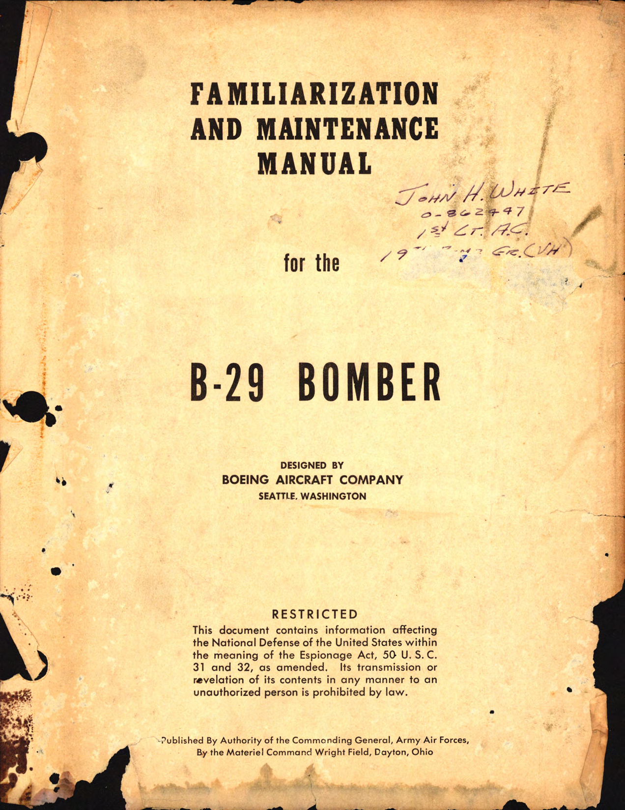Sample page 1 from AirCorps Library document: Familiarization and Maintenance Manual for the B-29 Bomber