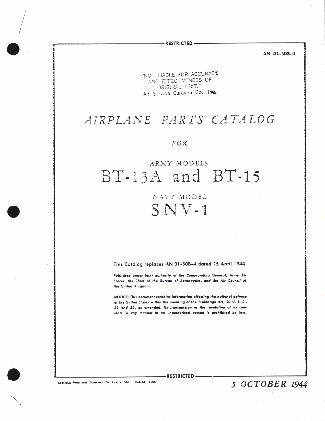 Sample page 1 from AirCorps Library document: Parts Catalog for BT-13A, BT-15, and SNV-1 Models
