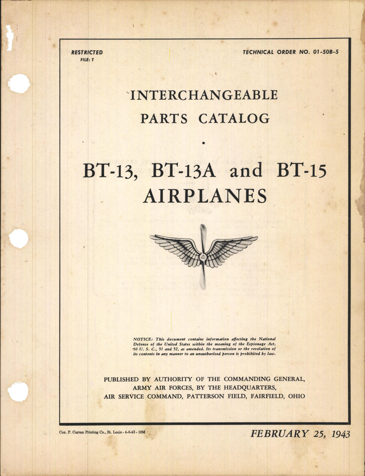 Sample page 1 from AirCorps Library document: Interchangeable Parts Catalog for BT-13, BT-13A, and BT-15 Airplanes