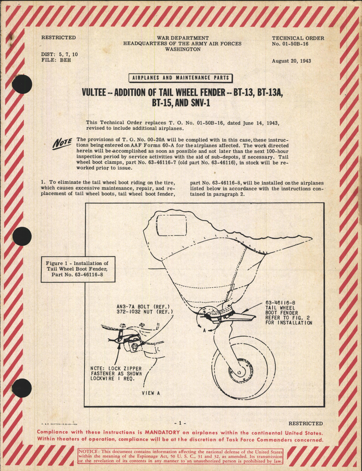 Sample page 1 from AirCorps Library document: Addition of Tail Wheel Fender for BT-13, BT-13A, BT-15, and SNV-1