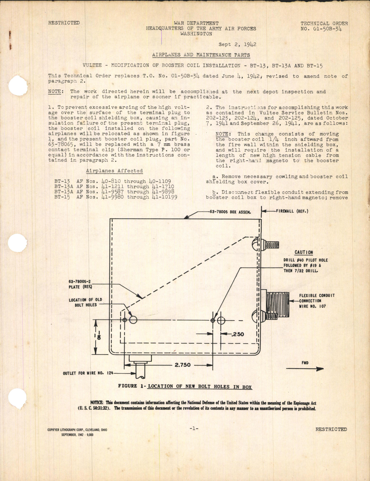 Sample page 1 from AirCorps Library document: Modification of Booster Coil Installation for BT-13, BT-13A, and BT-15
