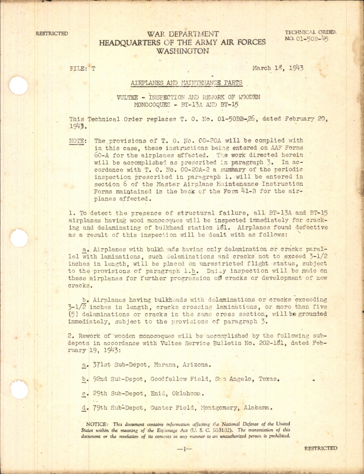 Sample page 1 from AirCorps Library document: Inspection and Rework of Wooden Monocoques for BT-13A and BT-15