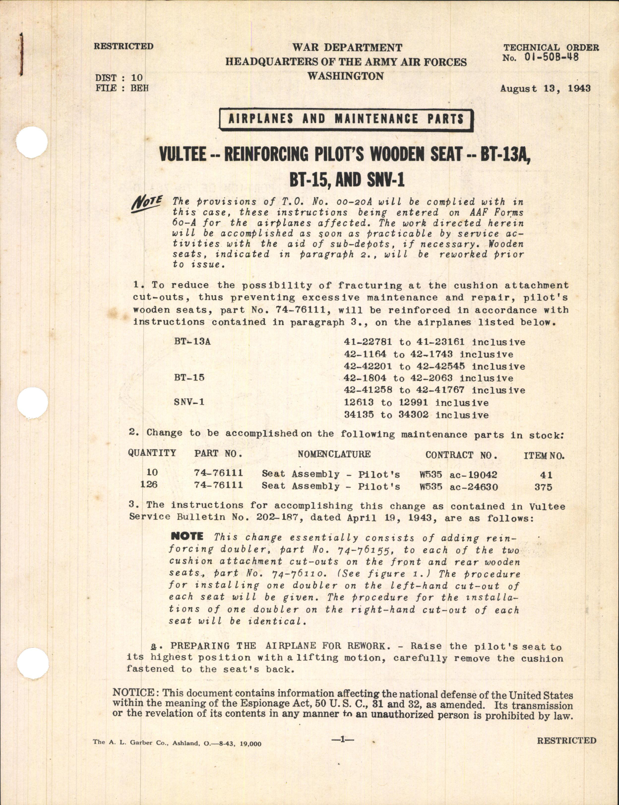 Sample page 1 from AirCorps Library document: Reinforcing Pilot's Wooden Seat for BT-13A, BT-15, and SNV-1