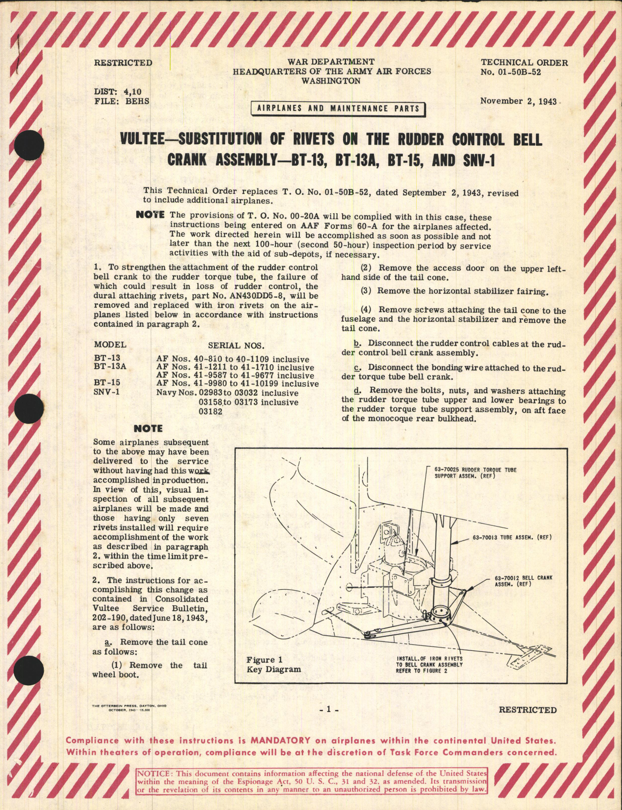 Sample page 1 from AirCorps Library document: Substitution of Rivets on the Rudder Control Bell Crank Assembly for BT-13, BT-13A, BT-15, and SNV-1