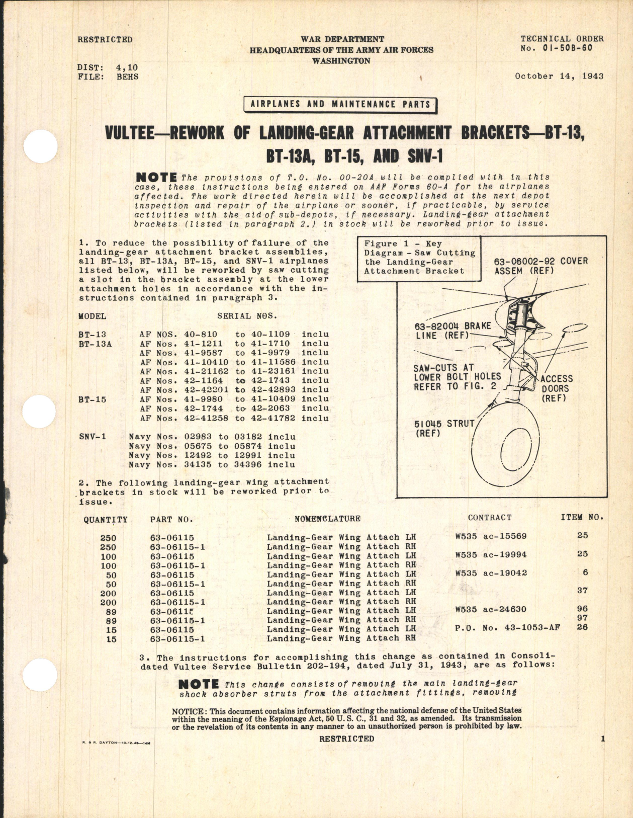 Sample page 1 from AirCorps Library document: Rework of Landing Gear Attachment Brackets for BT-13, BT-13A, BT-15, and SNV-1