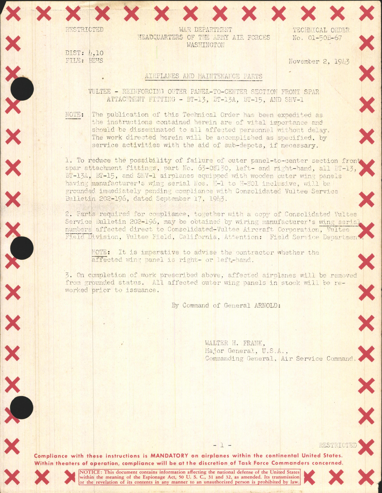 Sample page 1 from AirCorps Library document: Reinforcing Outer Panel-To-Center Section Front Spar Attachment Fitting for BT-13, BT-13S, BT-15, and SNV-1