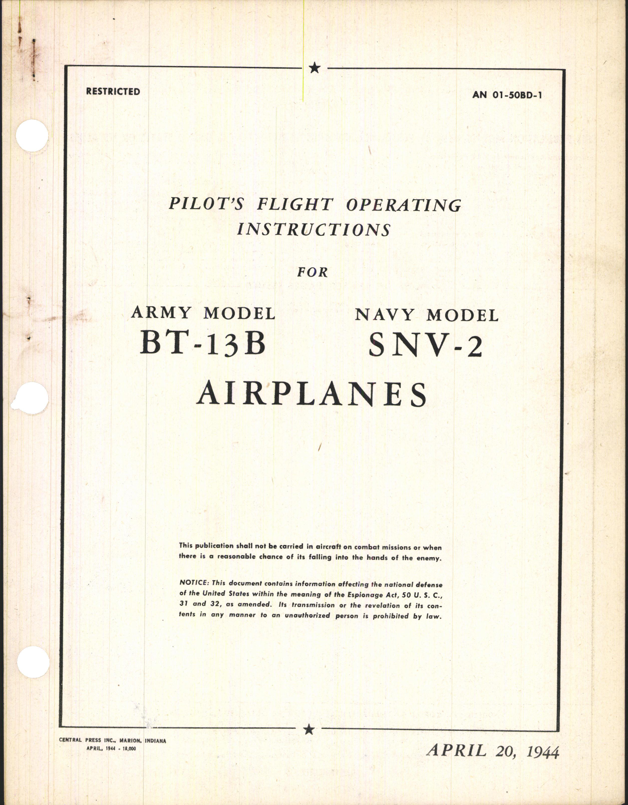 Sample page 1 from AirCorps Library document: Pilot's Flight Operating Instructions for BT-13B and SNV-2 Airplanes