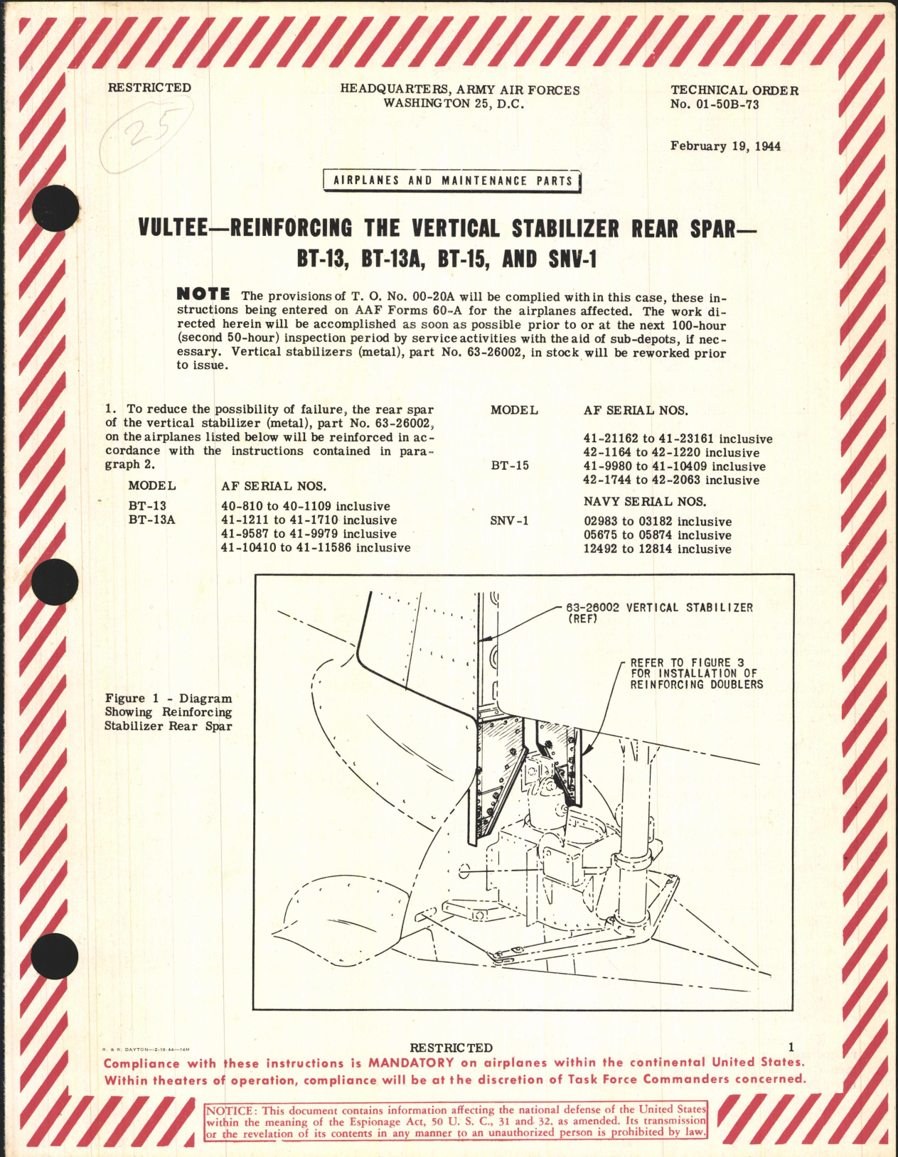 Sample page 1 from AirCorps Library document: Reinforcing the Vertical Stabilizer Rear Spar for BT-13, BT-13A, BT-15, and SNV-1