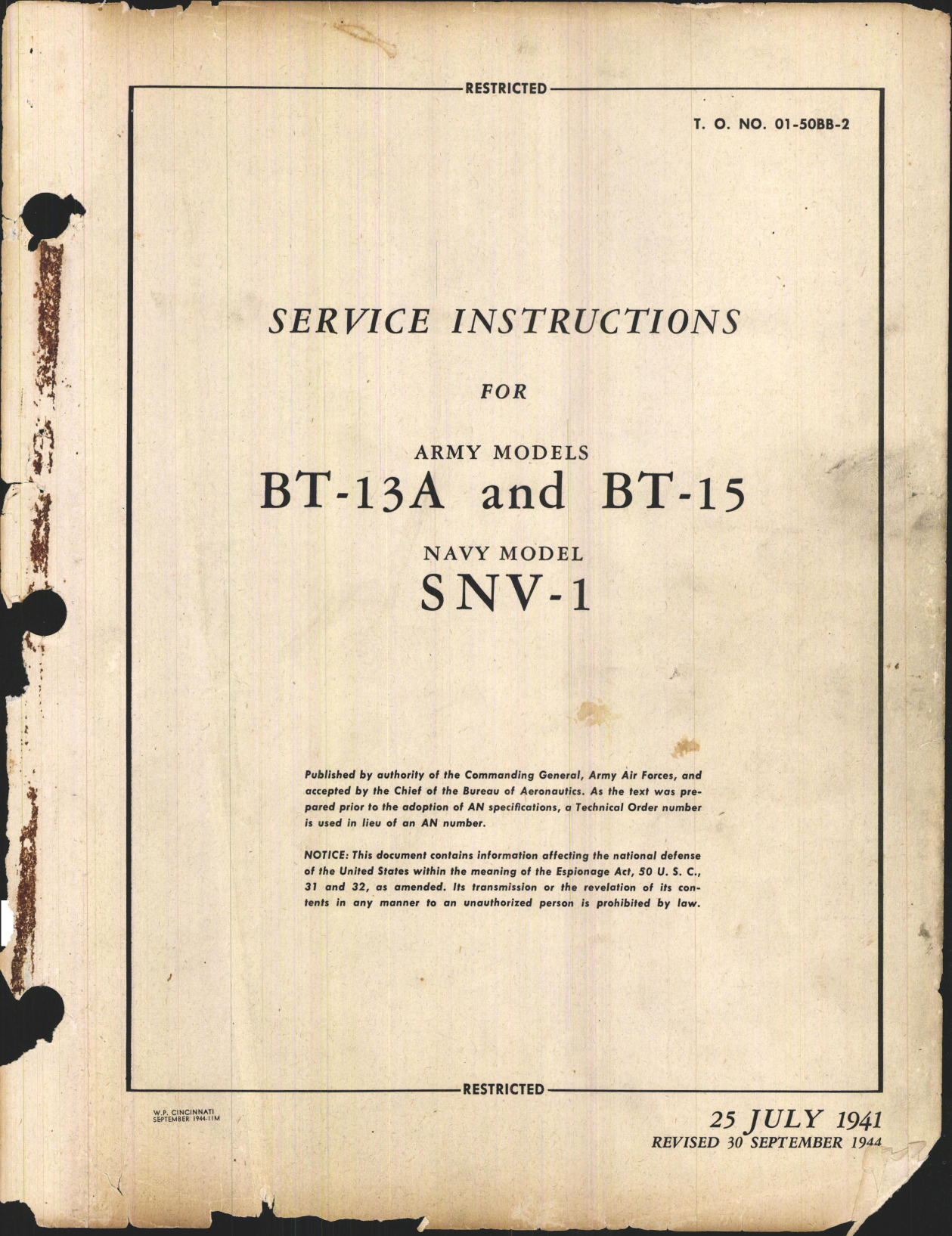 Sample page 1 from AirCorps Library document: Service Instructions for BT-13A and BT-15