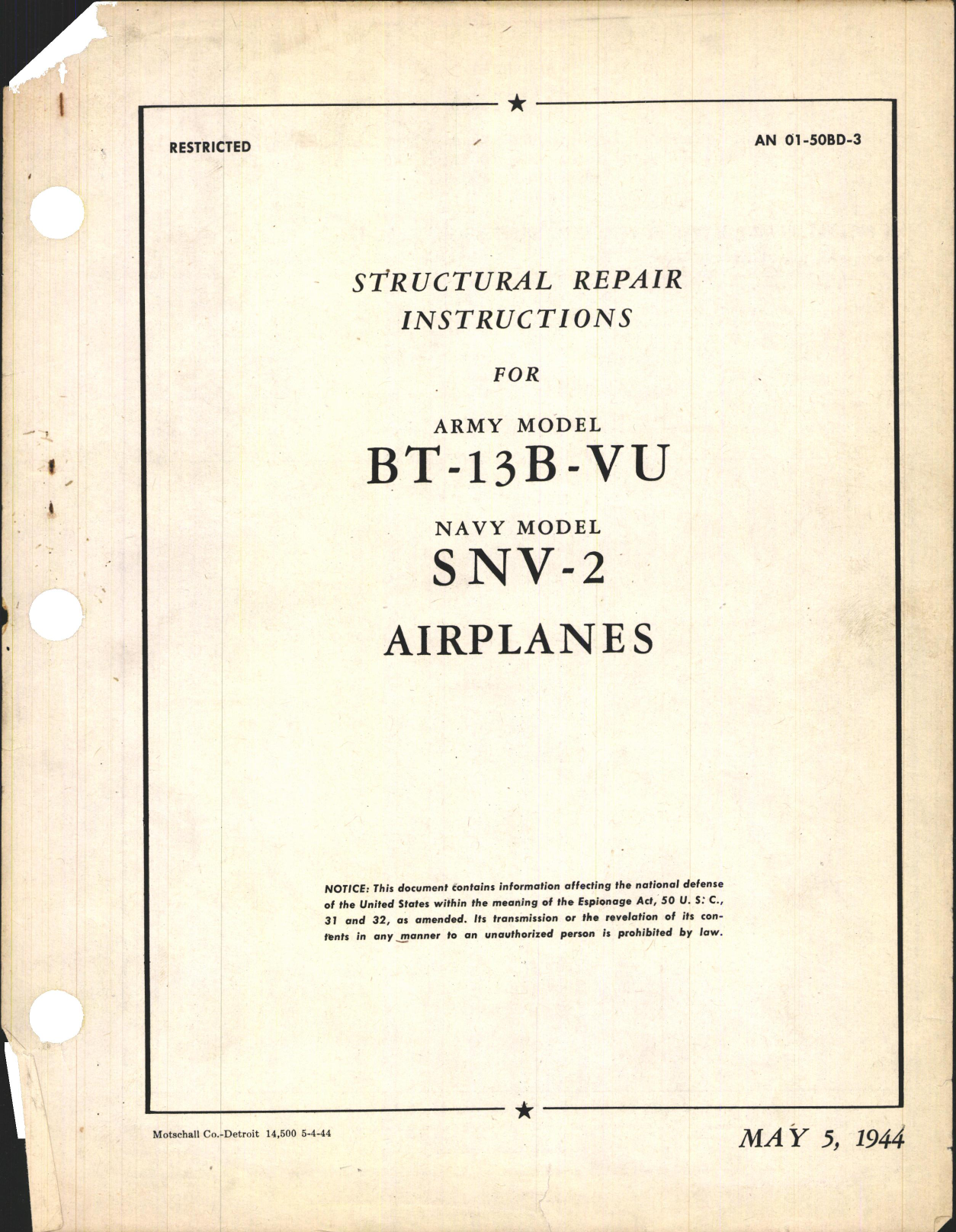 Sample page 1 from AirCorps Library document: Structural Repair Instructions for BT-13B-VU and SNV-2 Airplanes