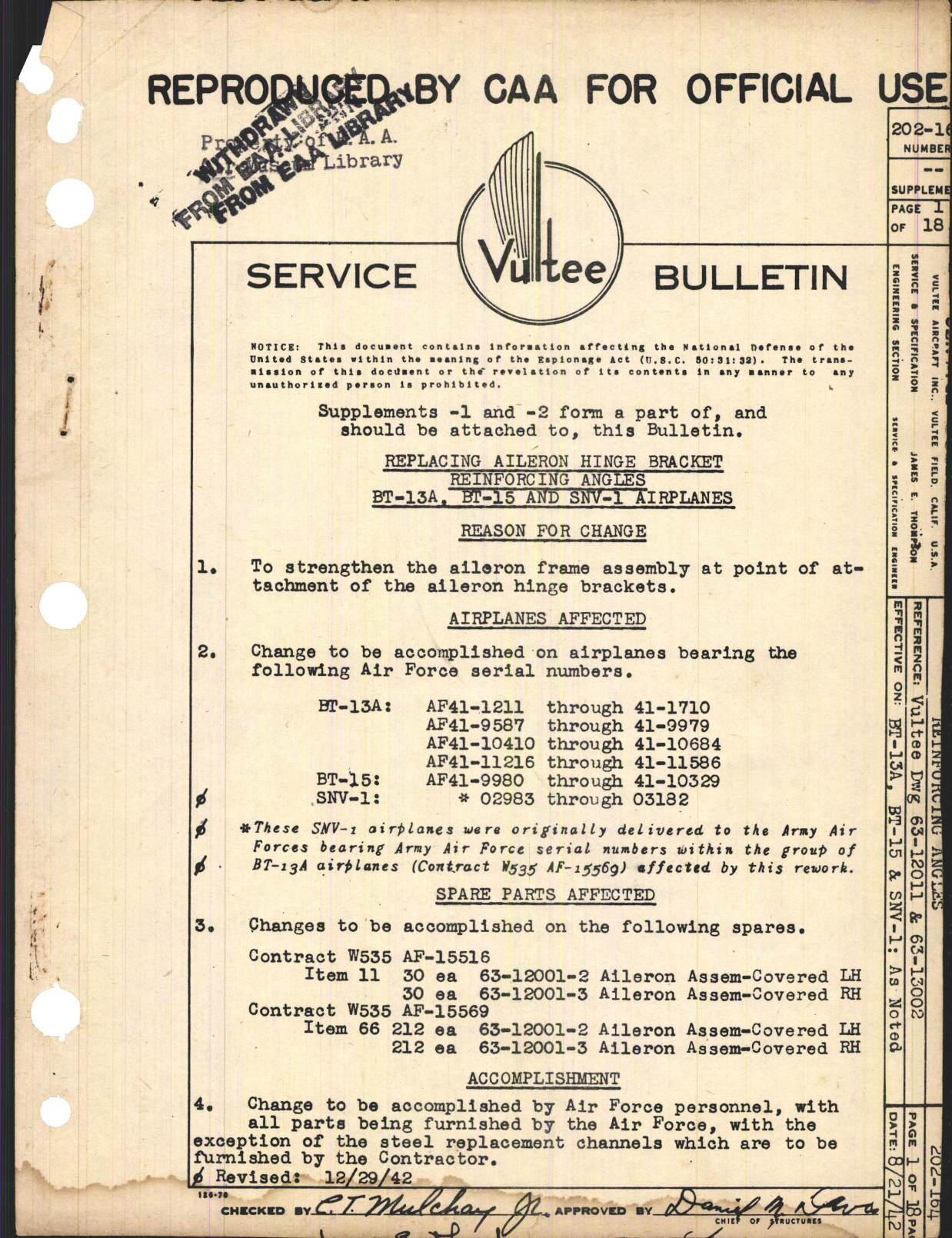 Sample page 1 from AirCorps Library document: Replacing Aileron Hinge Bracket Reinforcing Angles for BT-13A, BT-15, and SNV-1 Airplanes