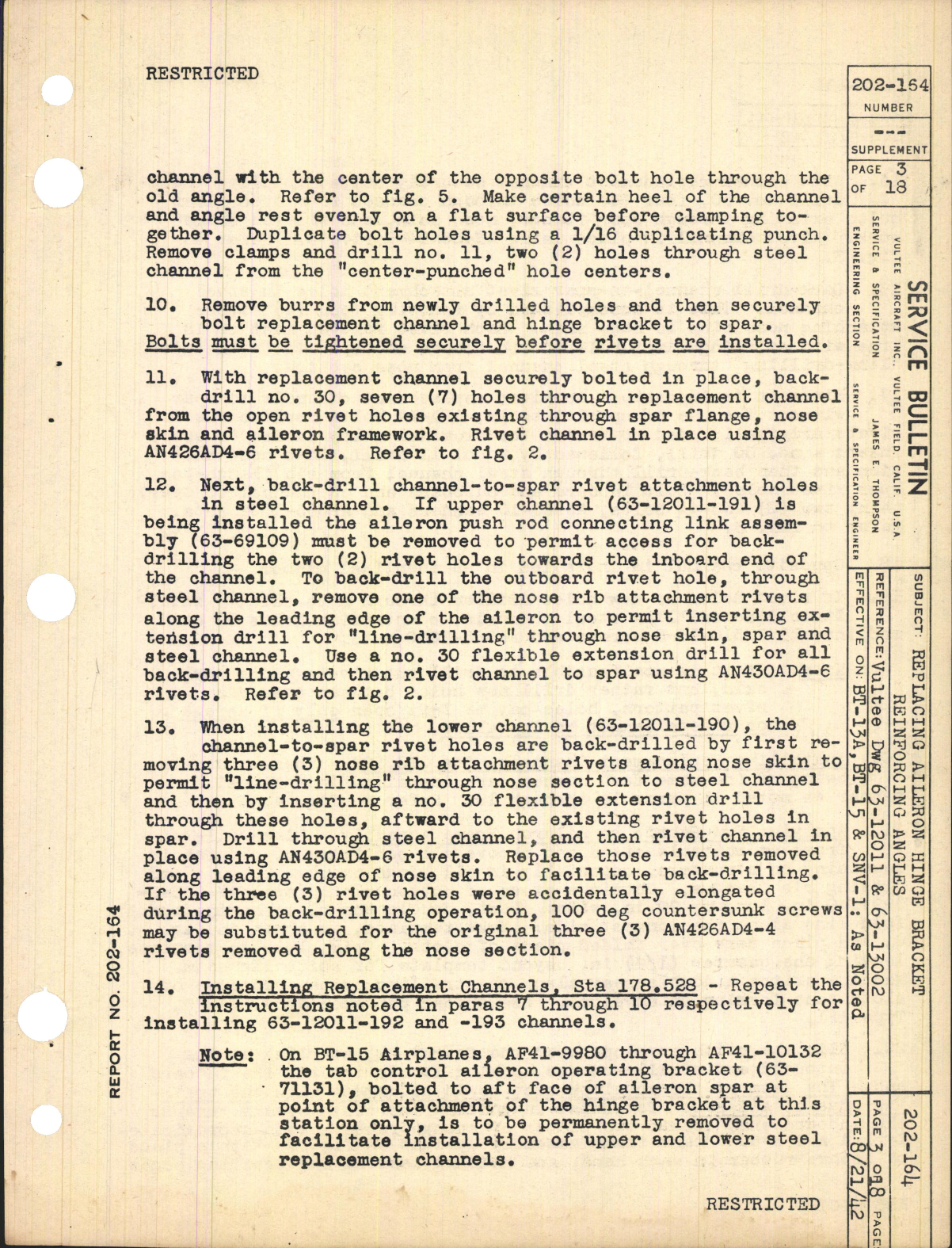 Sample page 3 from AirCorps Library document: Replacing Aileron Hinge Bracket Reinforcing Angles for BT-13A, BT-15, and SNV-1 Airplanes