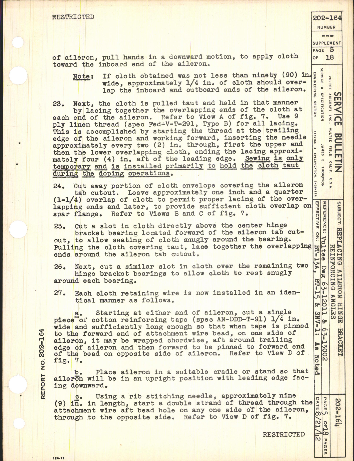 Sample page 5 from AirCorps Library document: Replacing Aileron Hinge Bracket Reinforcing Angles for BT-13A, BT-15, and SNV-1 Airplanes