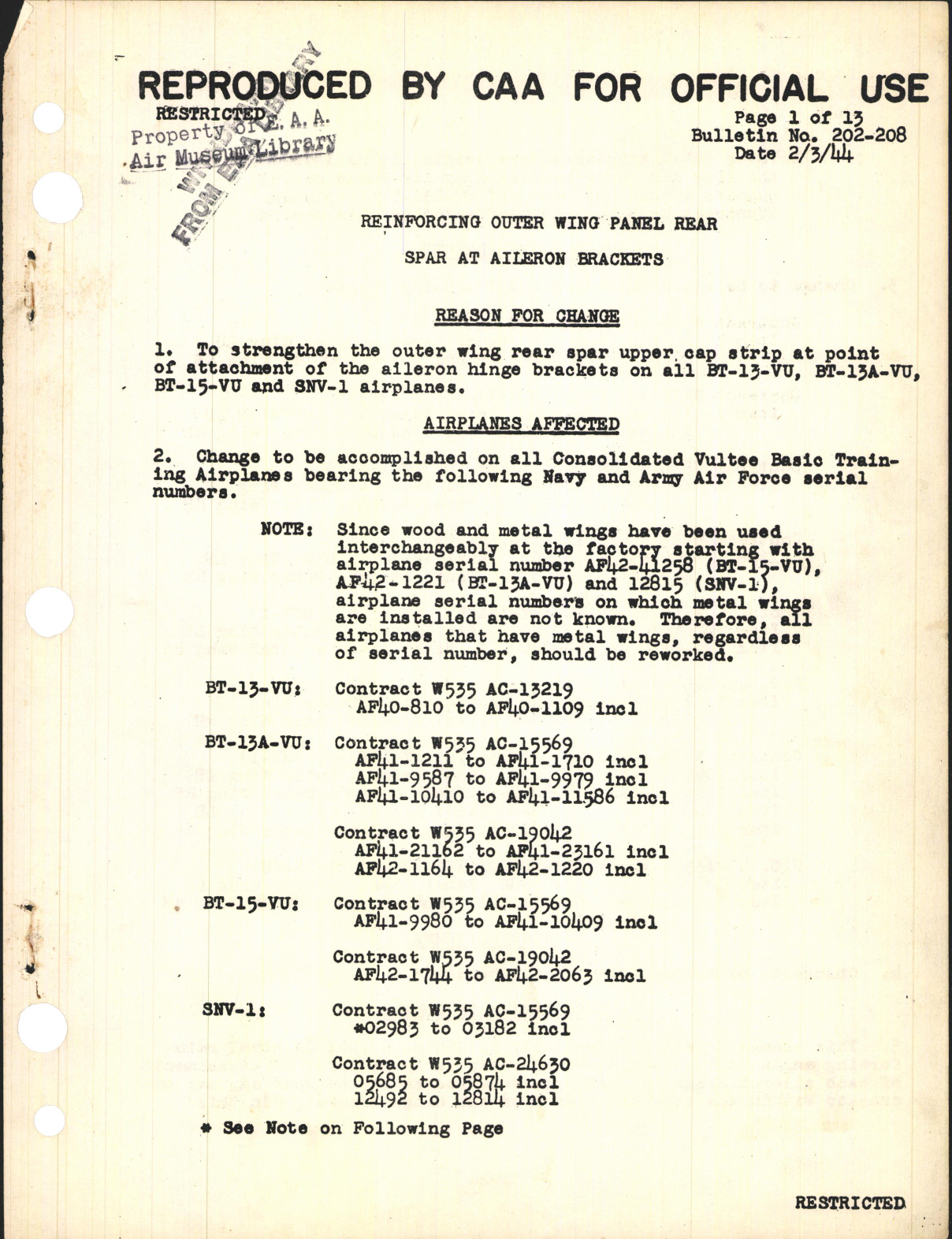 Sample page 1 from AirCorps Library document: Reinforcing Outer Wing Panel Rear Spar at Aileron Brackets