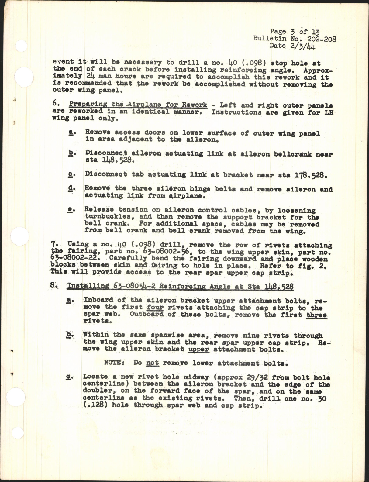 Sample page 3 from AirCorps Library document: Reinforcing Outer Wing Panel Rear Spar at Aileron Brackets