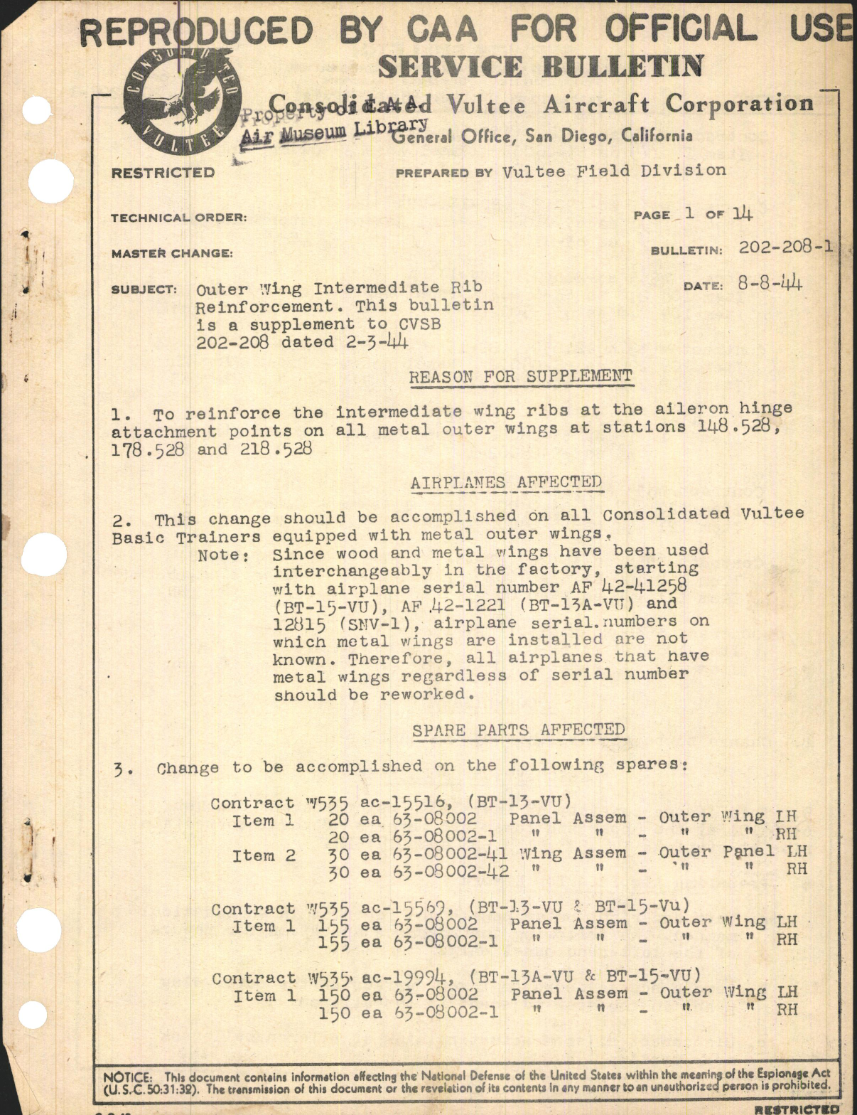 Sample page 1 from AirCorps Library document: Outer wing Intermediate Rib Reinforcement