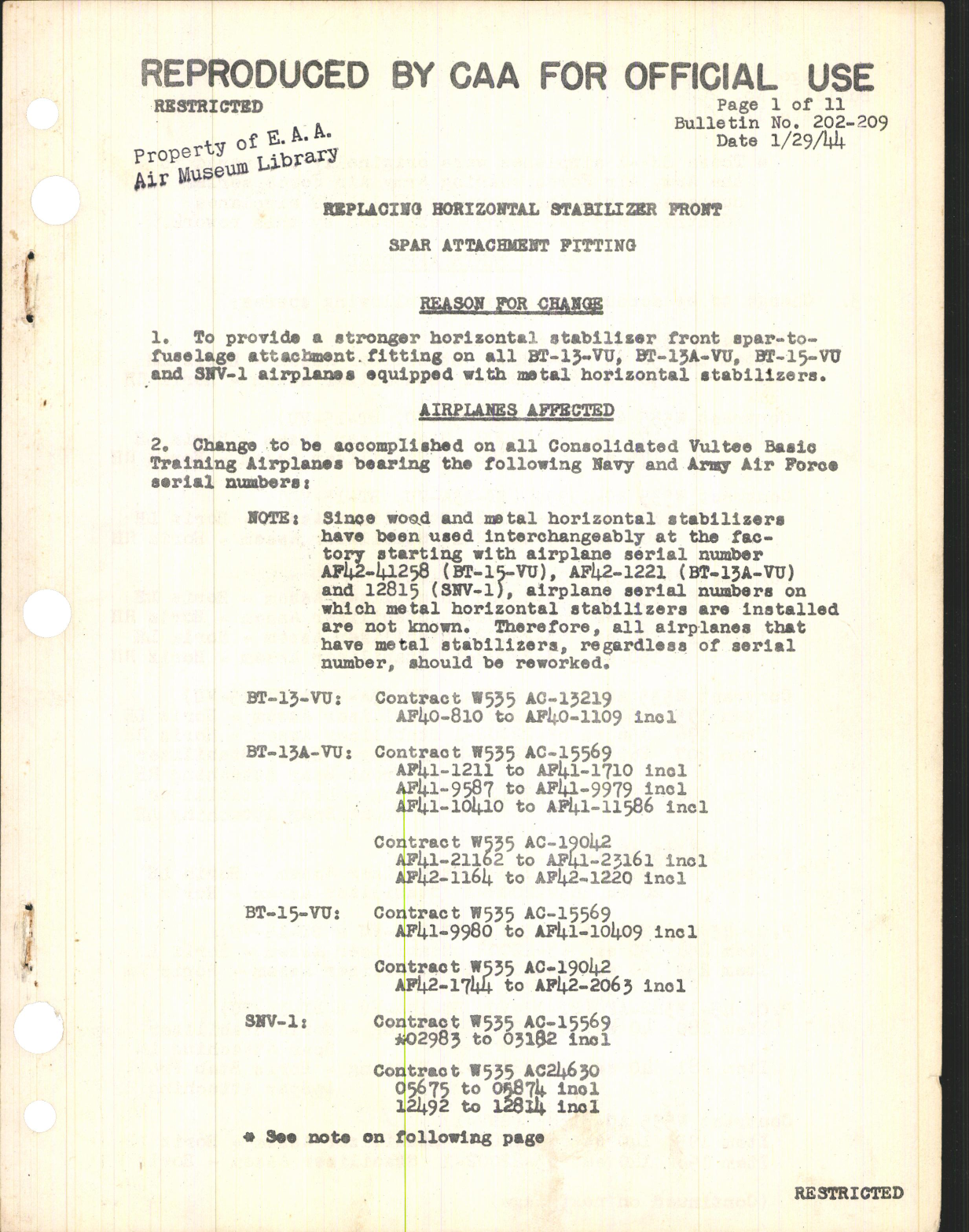 Sample page 1 from AirCorps Library document: Replacing Horizontal Stabilizer Front Spar Attachment Fitting