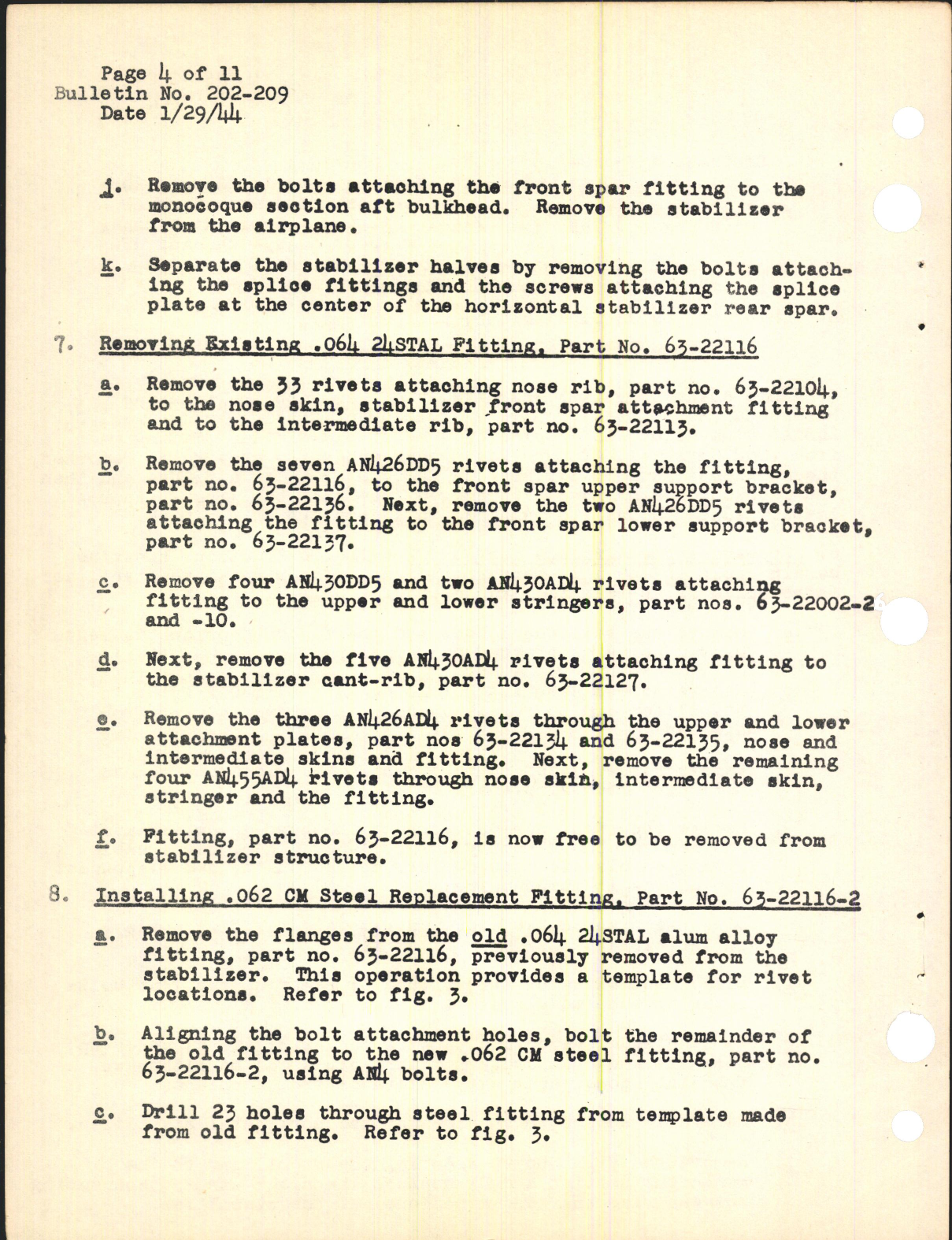 Sample page 4 from AirCorps Library document: Replacing Horizontal Stabilizer Front Spar Attachment Fitting