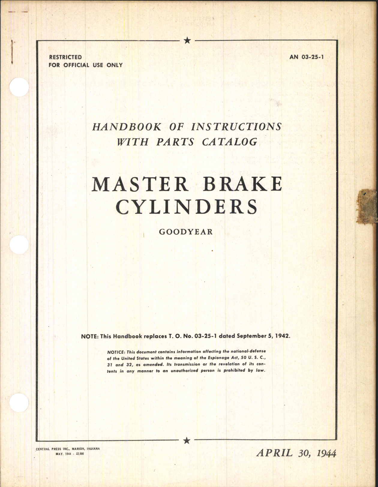 Sample page 1 from AirCorps Library document: Handbook of Instructions with Parts Catalog for Master Brake Cylinders (Goodyear)