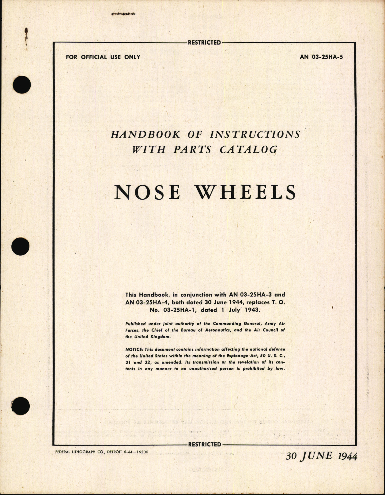 Sample page 1 from AirCorps Library document: Handbook of Instructions with Parts Catalog for Nose Wheels
