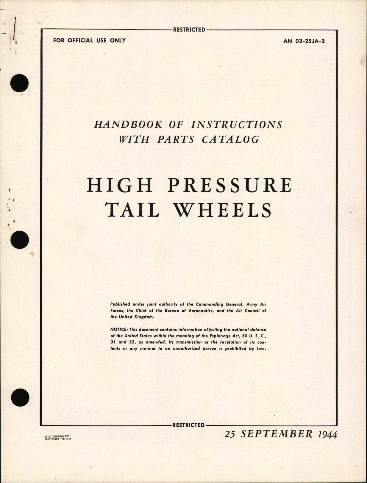 Sample page 1 from AirCorps Library document: Handbook of Instructions with Parts Catalog for High Pressure Tail Wheels