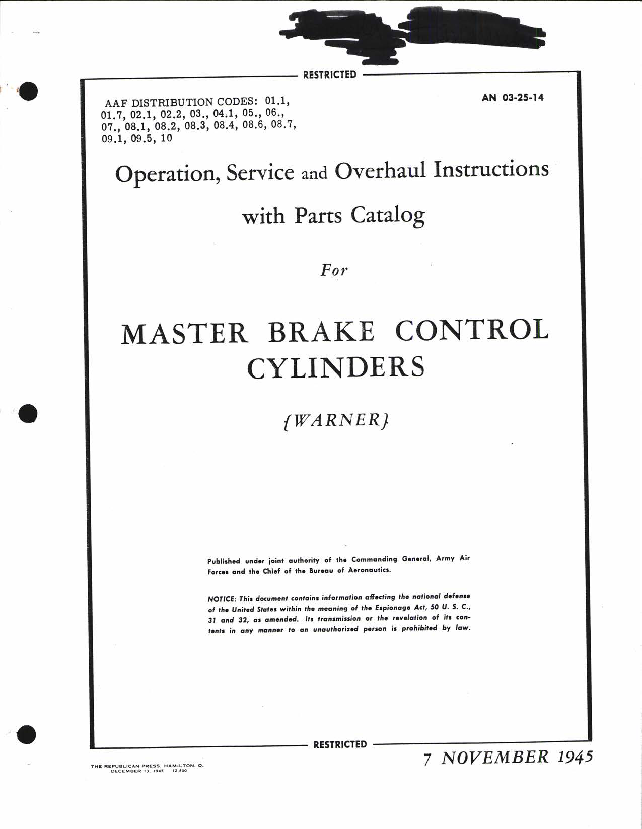 Sample page 1 from AirCorps Library document: Operation, Service, & Overhaul Instructions with Parts Catalog for Master Brake Control Cylinders
