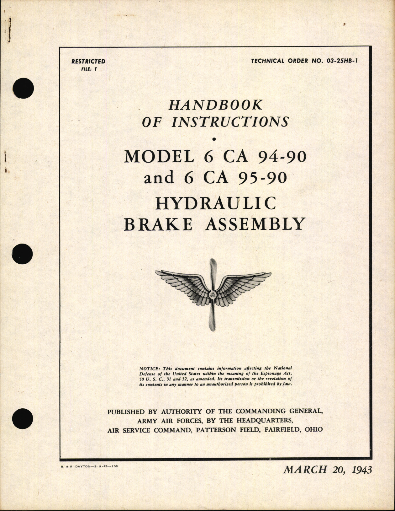 Sample page 1 from AirCorps Library document: Handbook of Instructions for Model 6 CA 94-90 and 6 CA 95-90 Hydraulic Brake Assembly