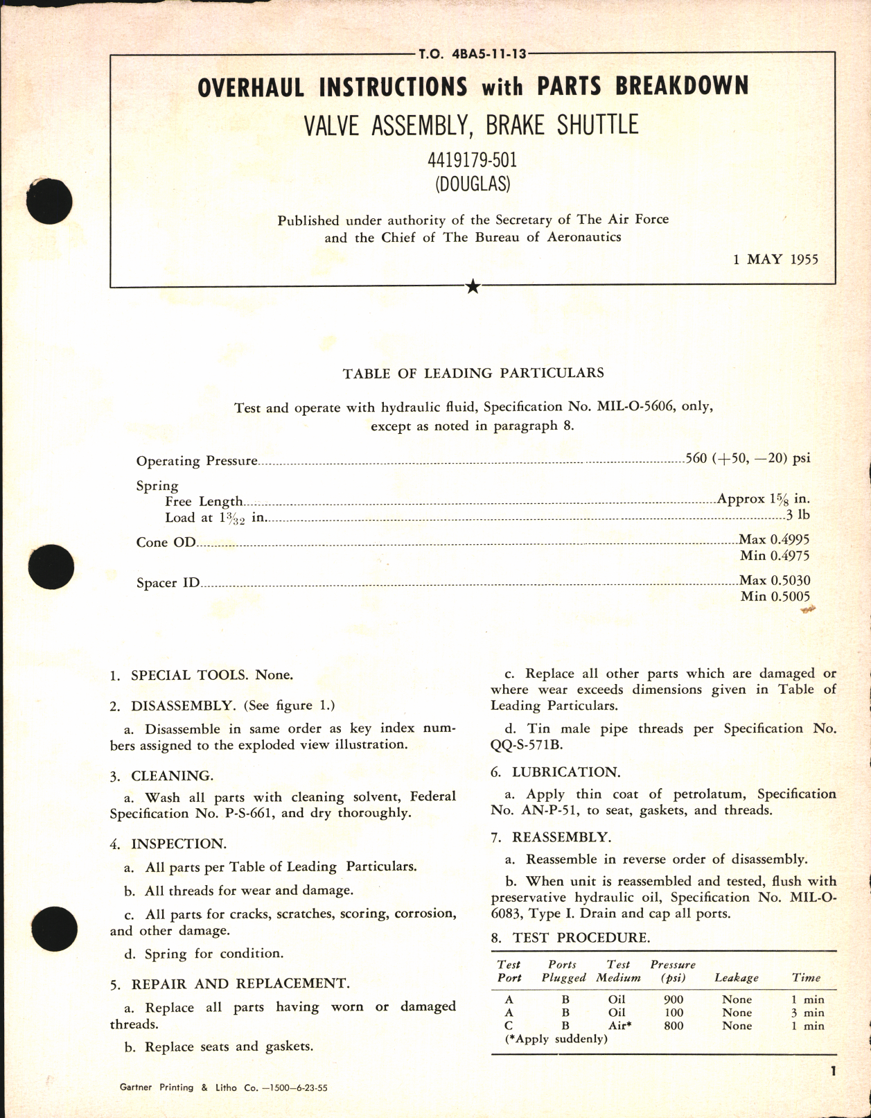 Sample page 1 from AirCorps Library document: Overhaul Instructions with Parts Breakdown for Valve Assembly, Brake Shuttle 4419179-501