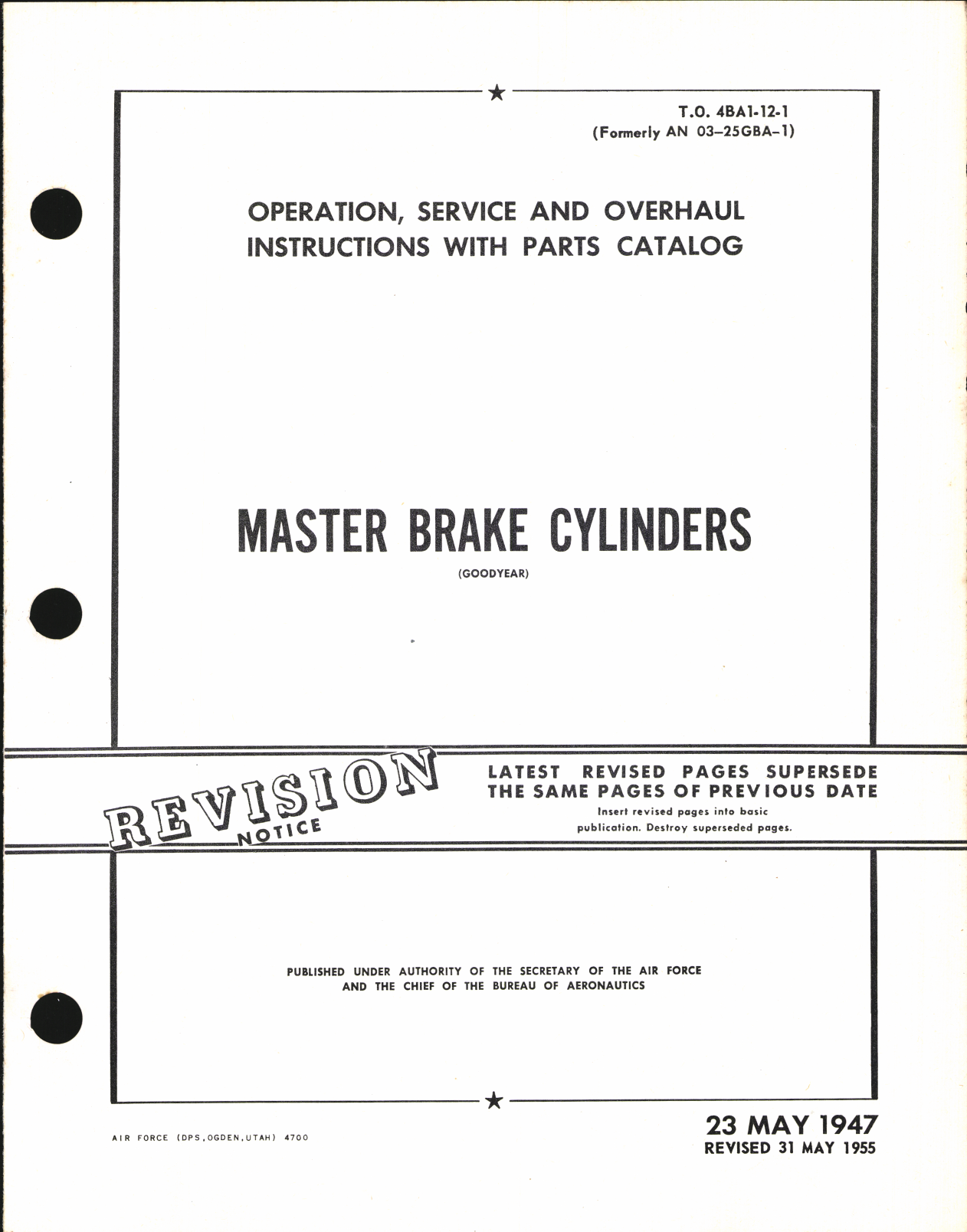 Sample page 1 from AirCorps Library document: Operation, Service & Overhaul Inst with Parts Catalog for Master Brake Cylinders