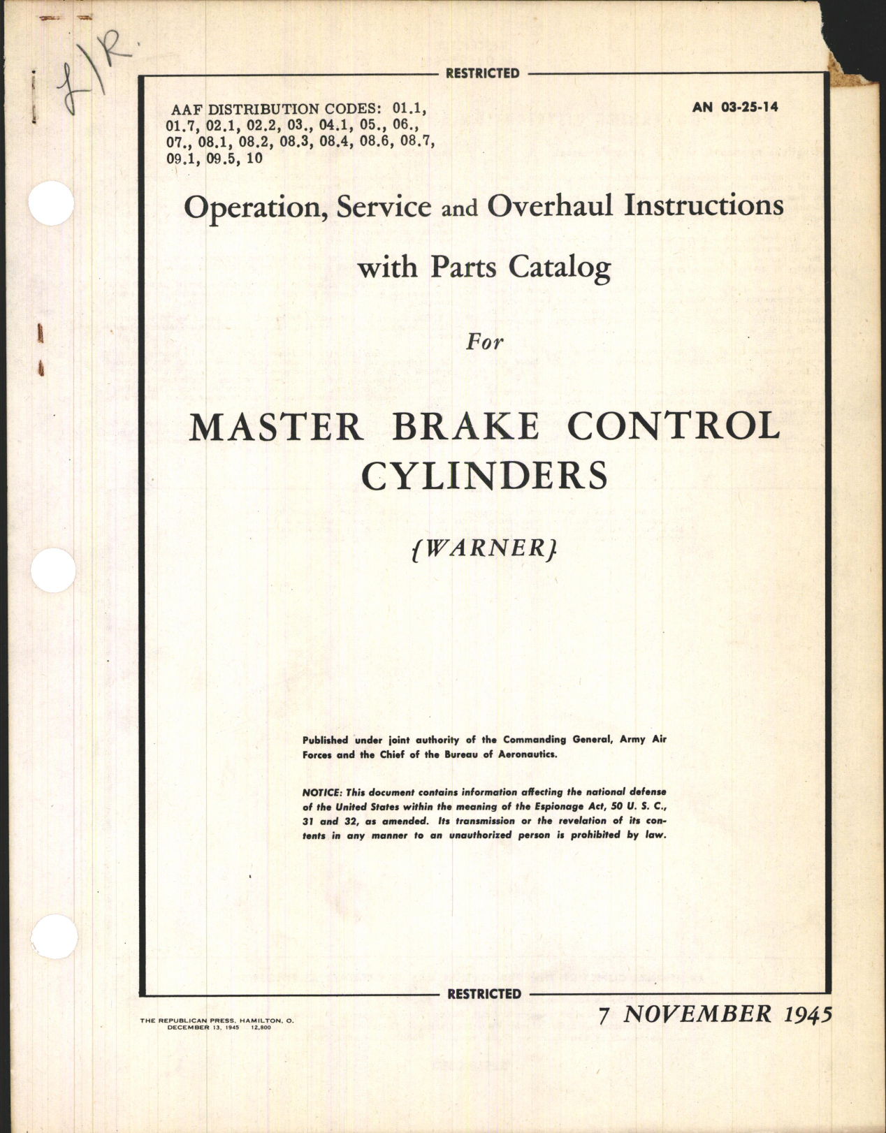 Sample page 1 from AirCorps Library document: Operation, Service & Overhaul Inst with Parts Catalog for Master Brake Control Cylinders