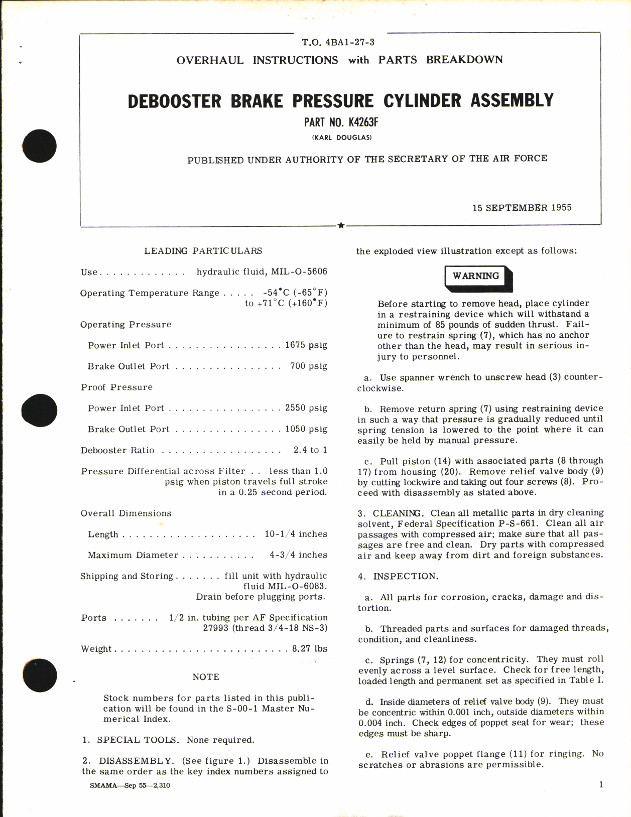 Sample page 1 from AirCorps Library document: Overhaul Instructions with Parts Breakdown for Debooster Brake Pressure Cylinder Assembly