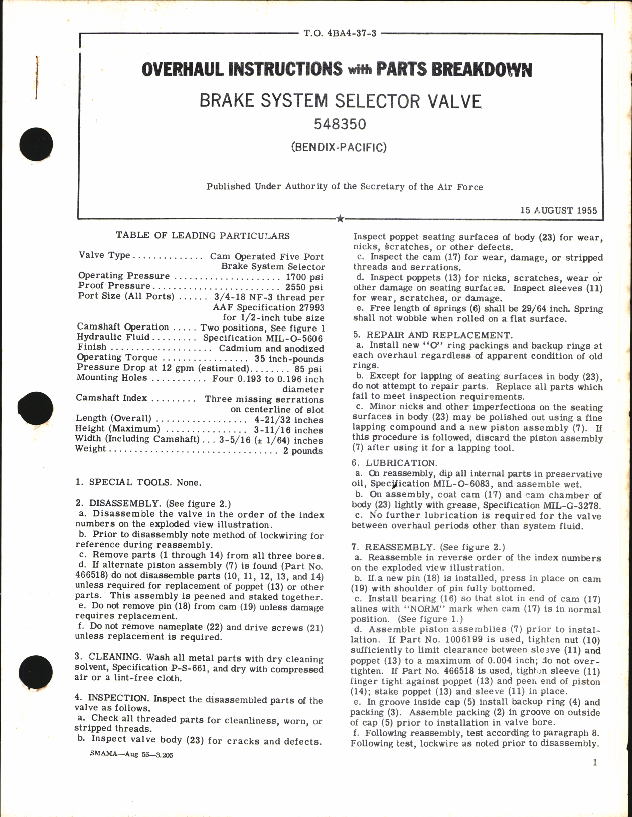 Sample page 1 from AirCorps Library document: Overhaul Instructions with Parts Breakdown for Brake System Selector Valve