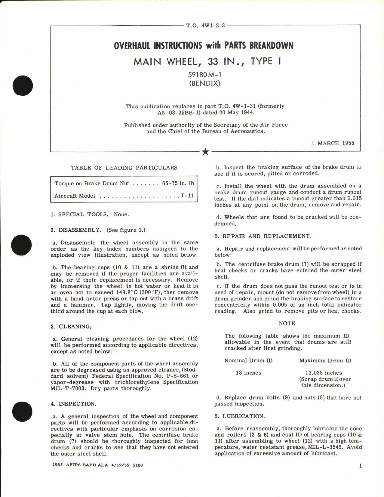 Sample page 1 from AirCorps Library document: Overhaul Instructions with Parts Breakdown for Main Wheel, 33 in, Type I