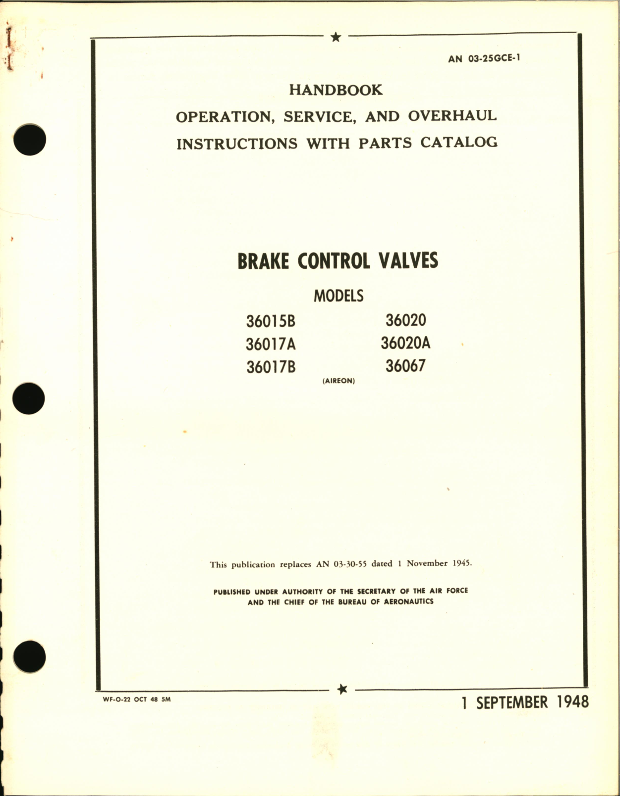 Sample page 1 from AirCorps Library document: Operation, Service, & Overhaul Instructions with Parts Catalog for Brake Control Valves
