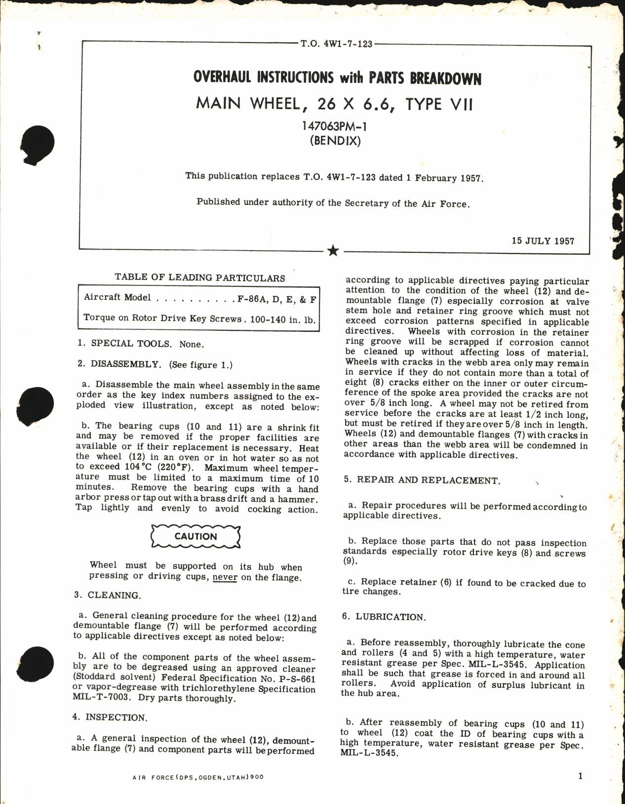 Sample page 1 from AirCorps Library document: Overhaul Instructions with Parts Breakdown for Main Wheel 26 x 6.6, Type VII