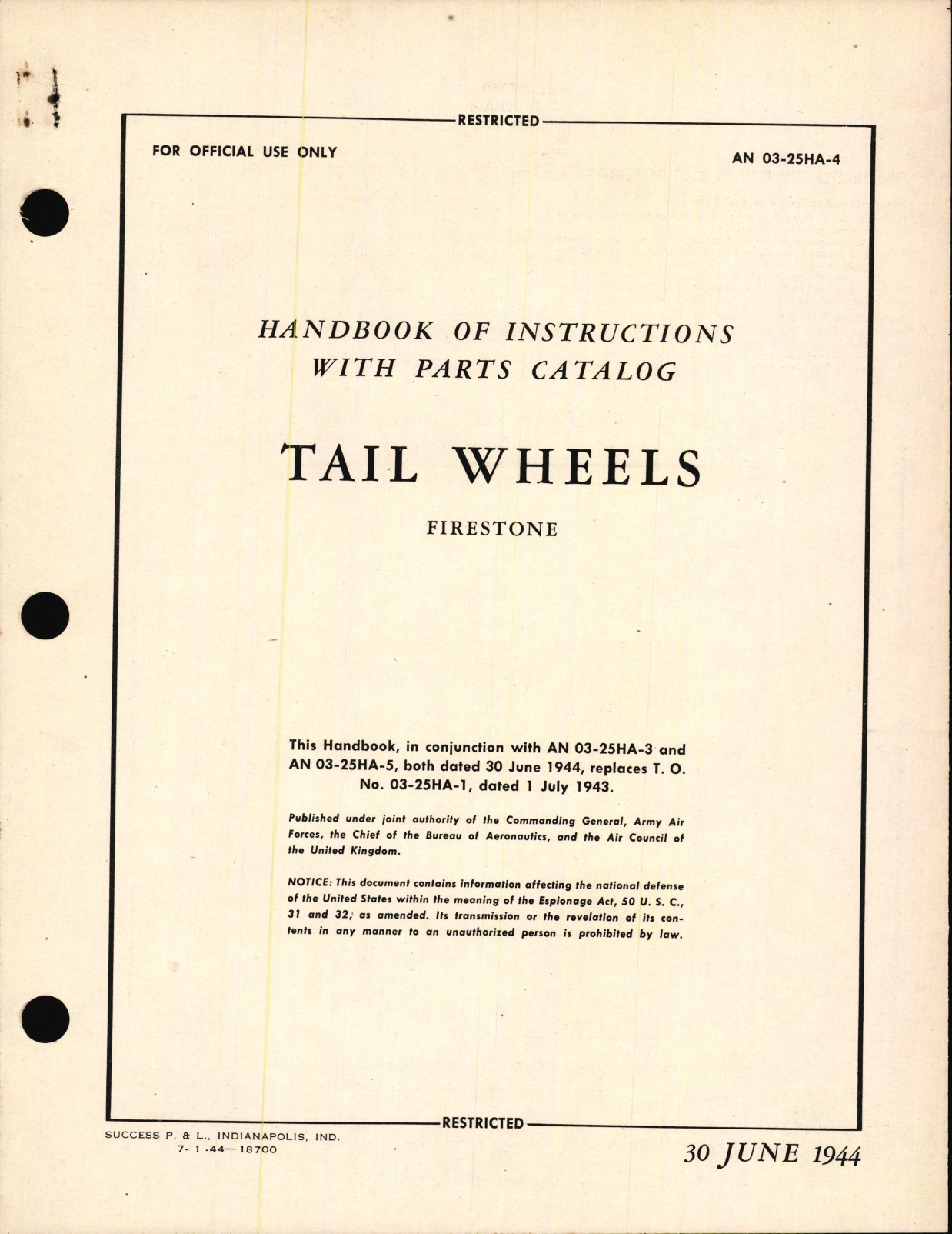 Sample page 1 from AirCorps Library document: Handbook of Instructions with Parts Catalog for Tail Wheels (Firestone)