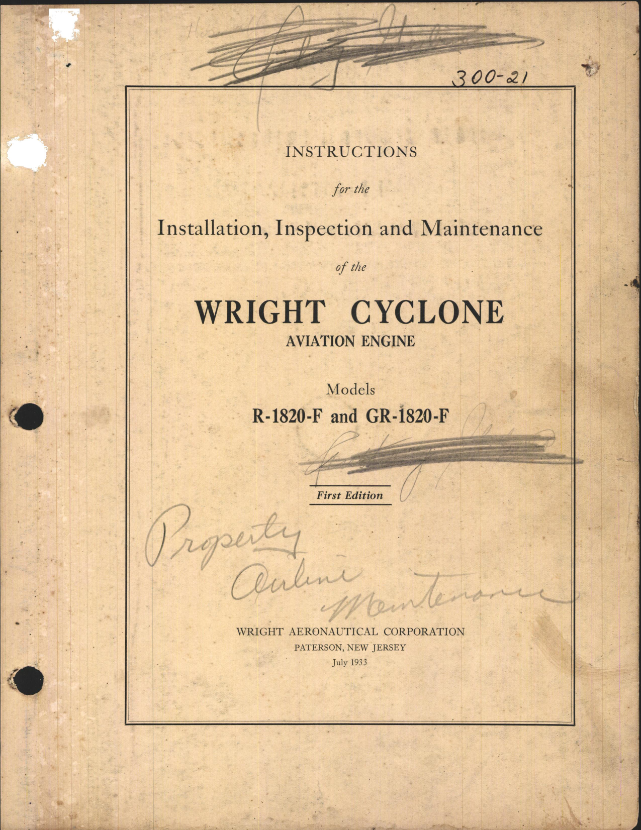 Sample page 1 from AirCorps Library document: Installation, Inspection, and Maintenance of the Wright Cyclone R-1820-F and GR-1820-F