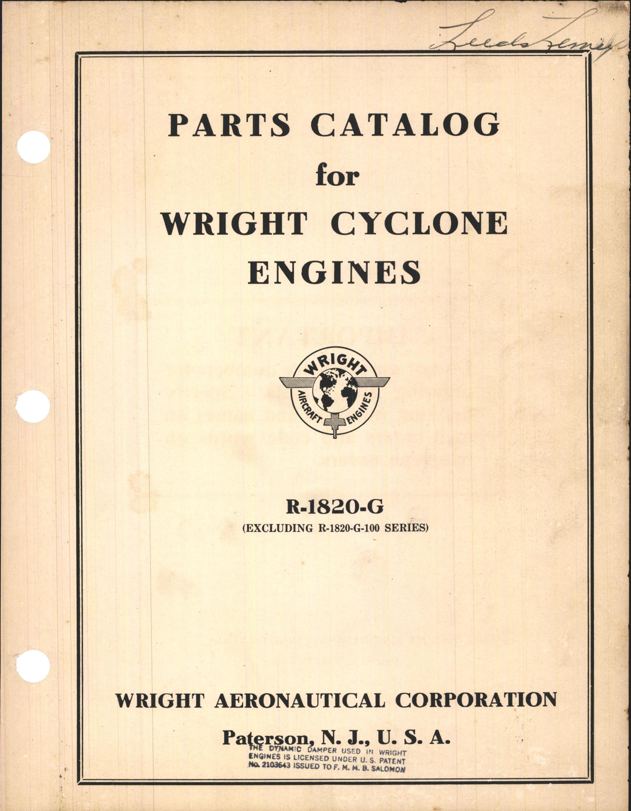 Sample page 1 from AirCorps Library document: Parts Catalog for Wright Cyclone Engines R-1820-G (Excluding R-1820-G-100 Series)