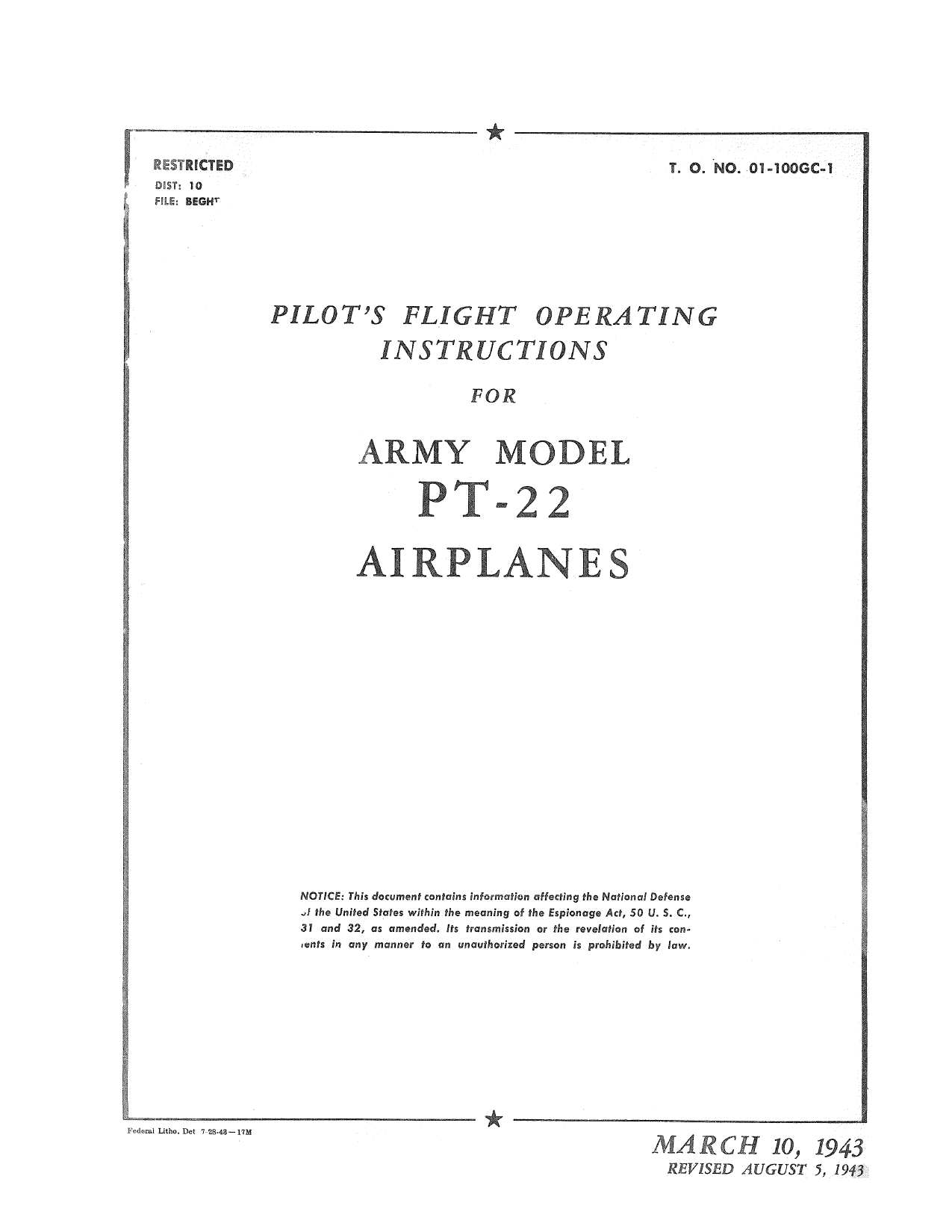 Sample page 1 from AirCorps Library document: Pilot's Flight Operating Instructions for Army Model PT-22 Airplanes