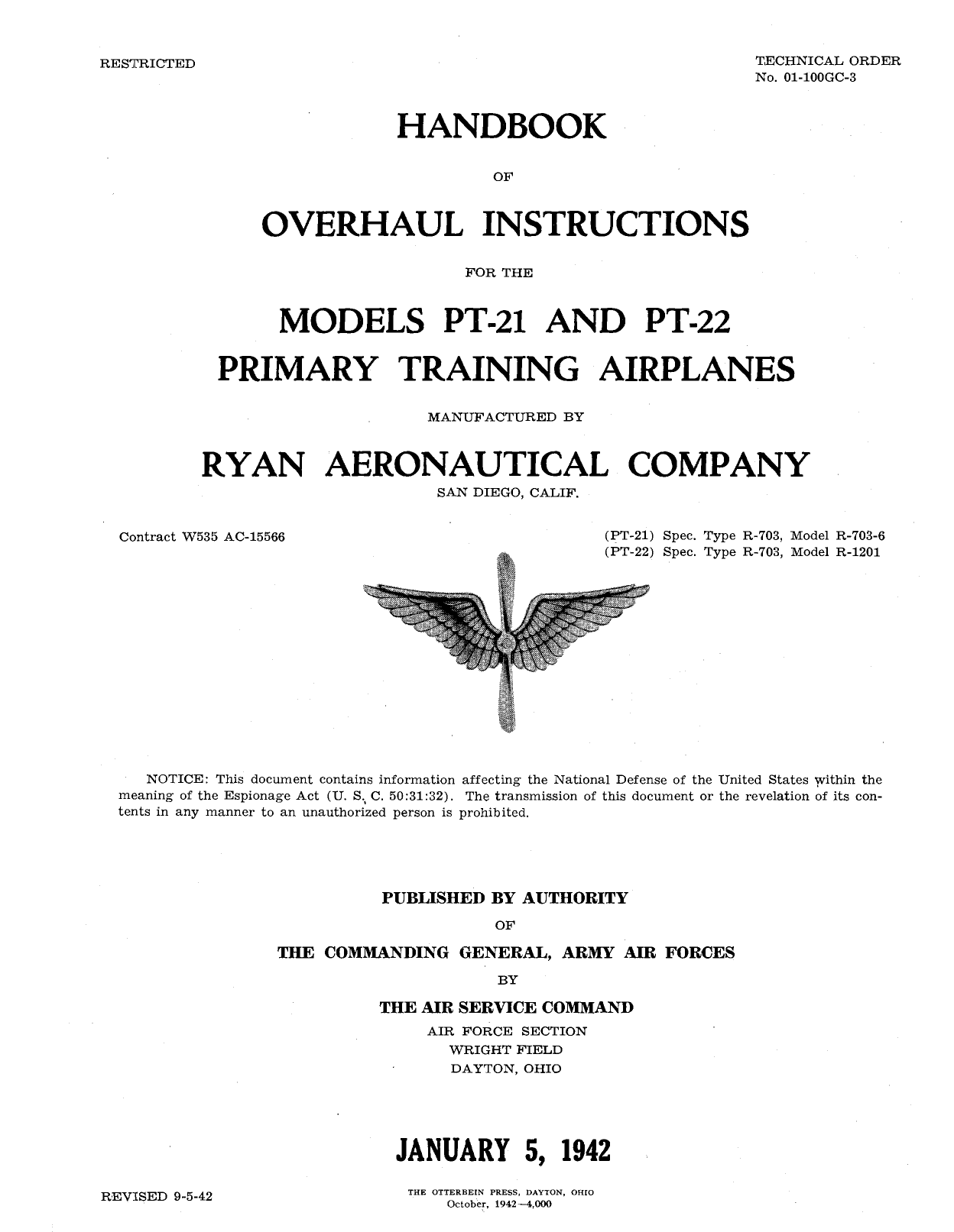 Sample page 1 from AirCorps Library document: Overhaul Instructions for Models PT-21 and PT-22 Primary Training Airplanes