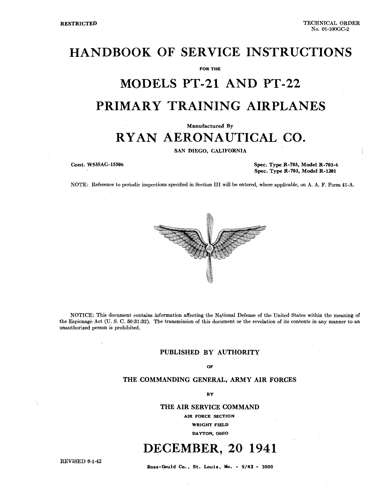 Sample page 1 from AirCorps Library document: Service Instructions for Models PT-21 and PT-22 Primary Training Airplanes