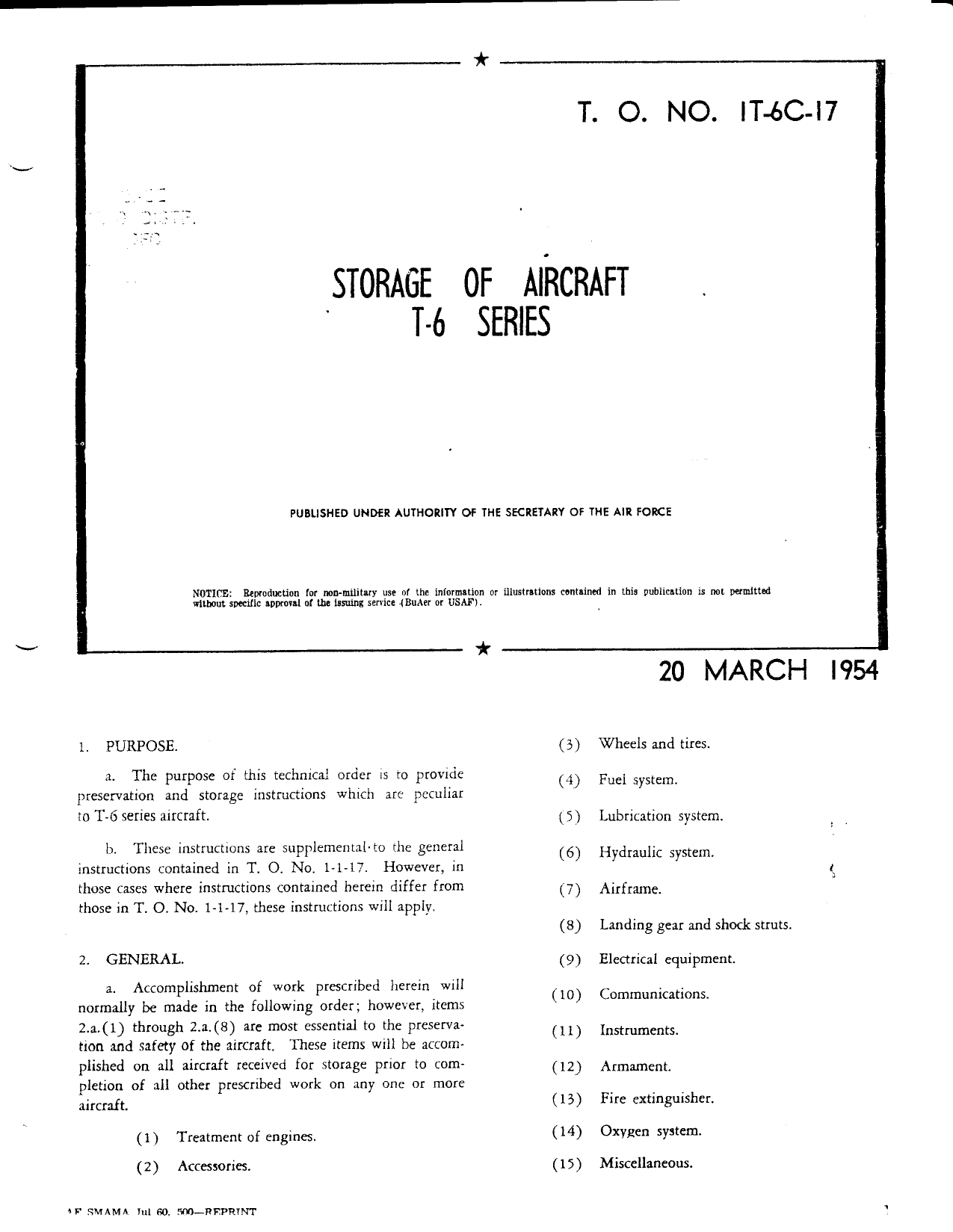 Sample page 1 from AirCorps Library document: Storage of Aircraft, T-6 Series