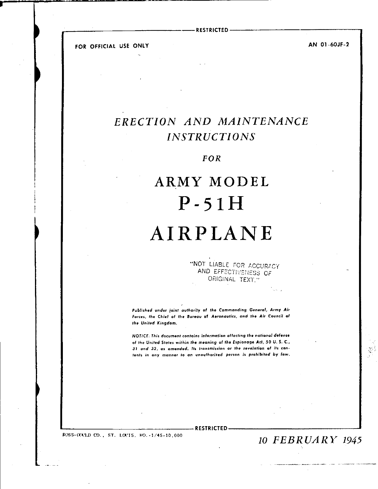 Sample page 1 from AirCorps Library document: Erection and Maintenance Instructions for P-51H Airplane