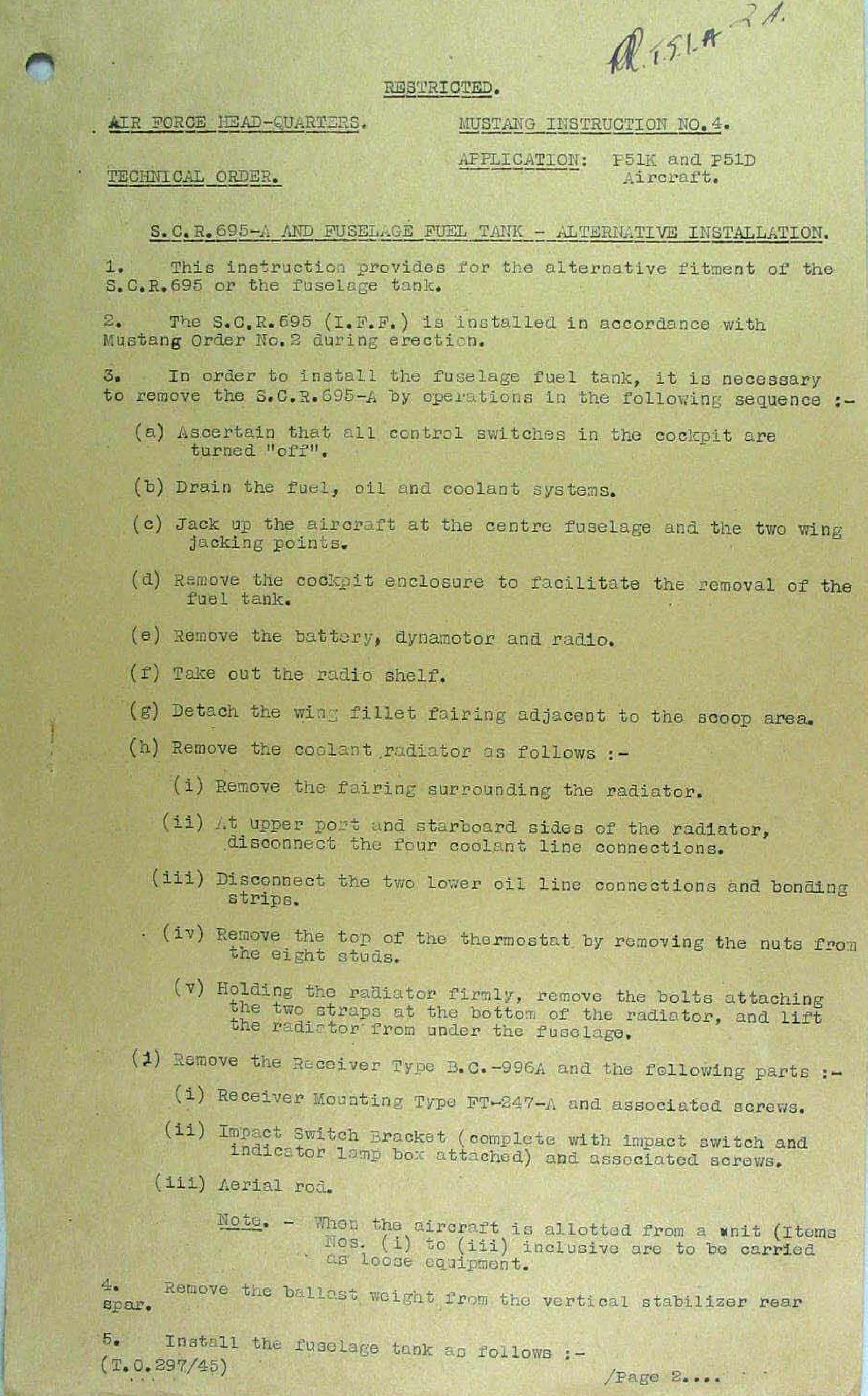 Sample page 1 from AirCorps Library document: Alternative Installation for SCR 695-A and Fuselage Tank